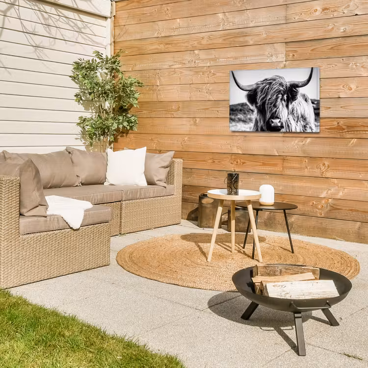 Schotse hooglander - Close up - Horens - Vacht - Zwart Wit Tuinposter op houten frame 2 cm dik klein -sfeer2