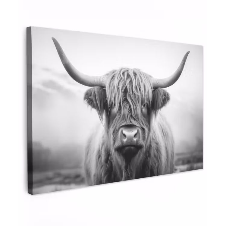 Schotse hooglander - Mist - Zwart - Wit Tuinposter op houten frame 2 cm dik klein -3d