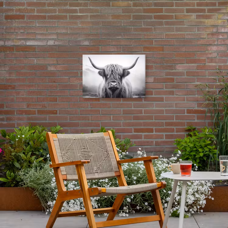 Schotse hooglander - Mist - Zwart - Wit Tuinposter op houten frame 2 cm dik klein -sfeer3