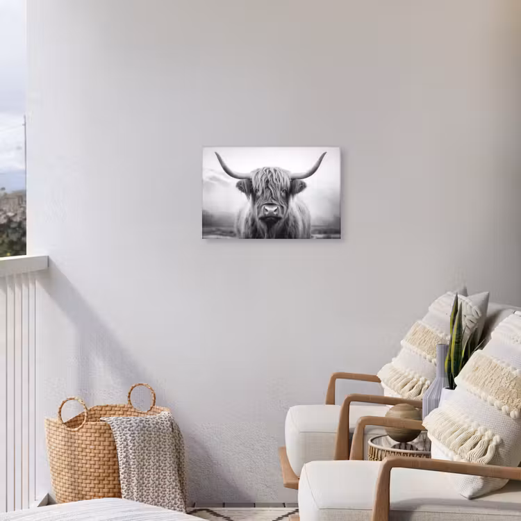 Schotse hooglander - Mist - Zwart - Wit Tuinposter op houten frame 2 cm dik klein -sfeer1