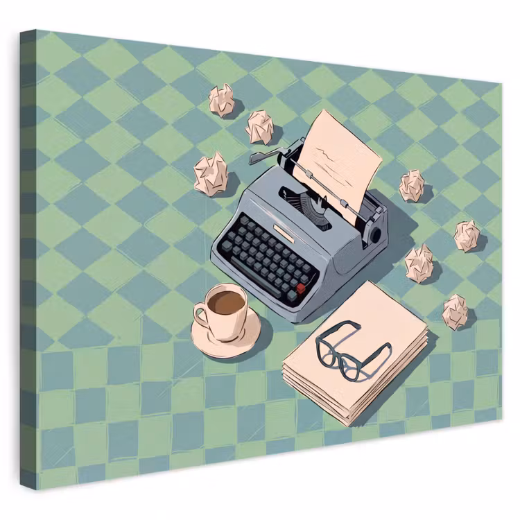 Typemachine - Kantoor - Vintage - Illustratie - Groen Tuinposter op houten frame 2 cm dik klein -3d