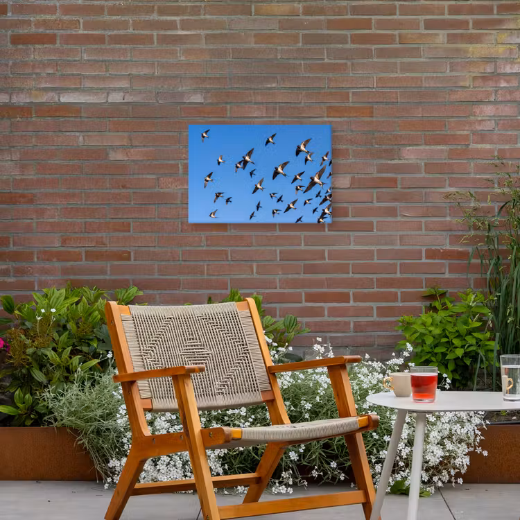 Zwaluwen - Vliegen - Blauw Tuinposter op houten frame 2 cm dik klein -sfeer3