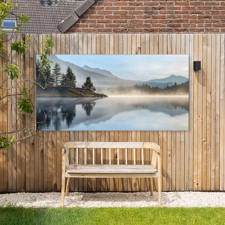 Meer - Mist - Bergen - Landschap Tuinposter op houten frame 2 cm dik xxl -sfeer4