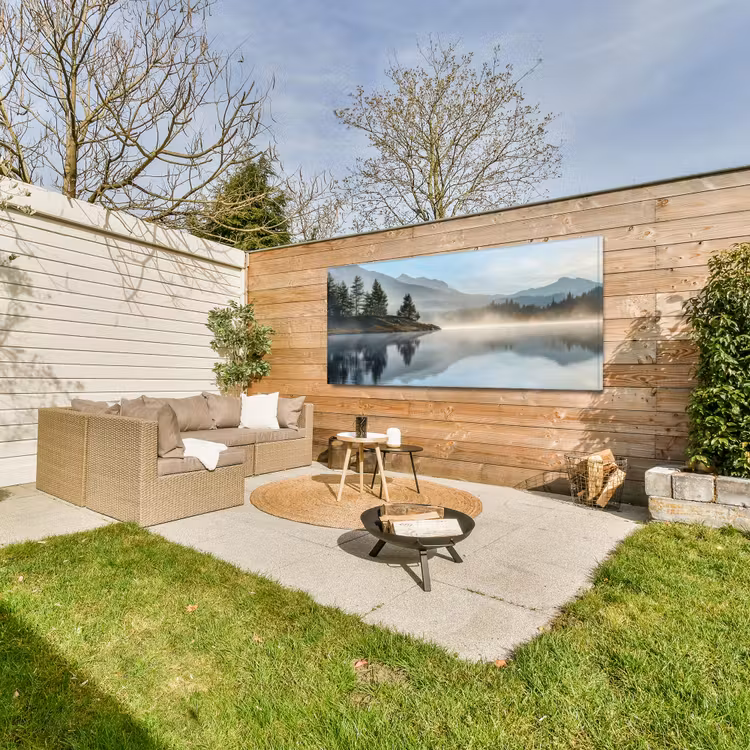 Meer - Mist - Bergen - Landschap Tuinposter op houten frame 2 cm dik xxl -sfeer2