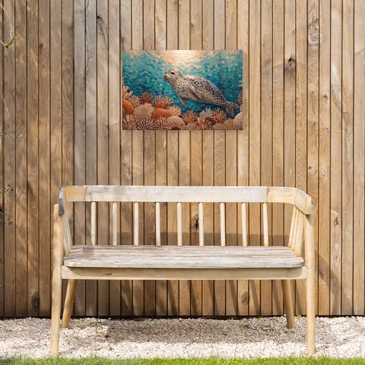 Zeehond - Mozaïek - Onderwater - Dieren - Blauw Tuinposter op houten frame 2 cm dik klein -sfeer4