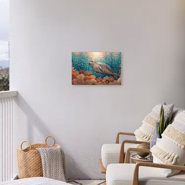 Zeehond - Mozaïek - Onderwater - Dieren - Blauw Tuinposter op houten frame 2 cm dik klein -sfeer1