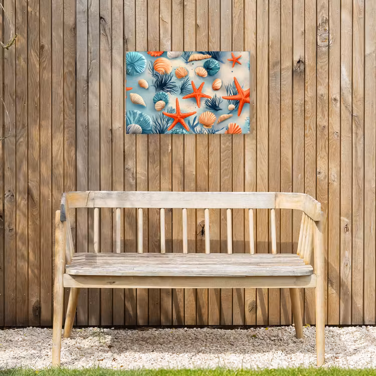 Zeesterren - Schelpen - Illustratie - Zand Tuinposter op houten frame 2 cm dik klein -sfeer4