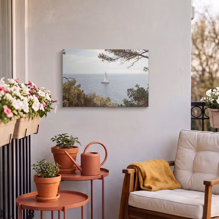 Outdoor Leinwand - Segelboot – Bäume – Wasser - Zeilboot - bomen - water Tuinposter op houten frame 2 cm dik klein