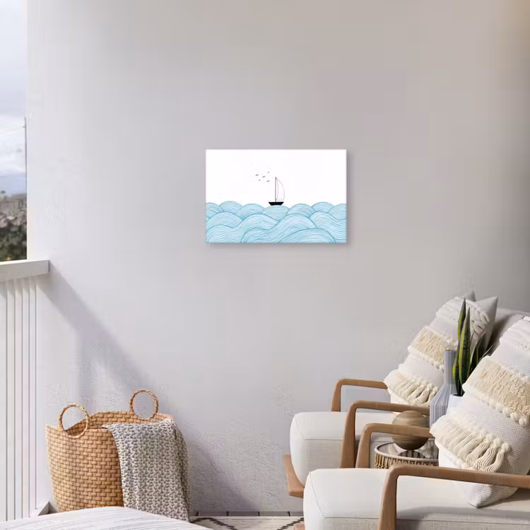 Zeilboot - Golven - Zee - Illustratie - Blauw Tuinposter op houten frame 2 cm dik klein -sfeer1