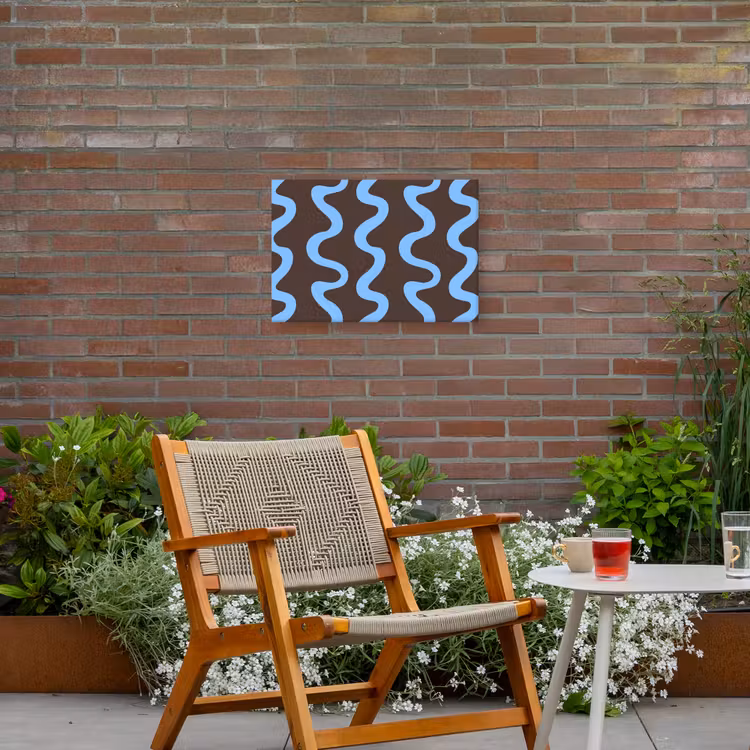 Kronkelende lijnen - Blauw - Bruin - Minimalistisch Tuinposter op houten frame 2 cm dik klein 845 -sfeer3