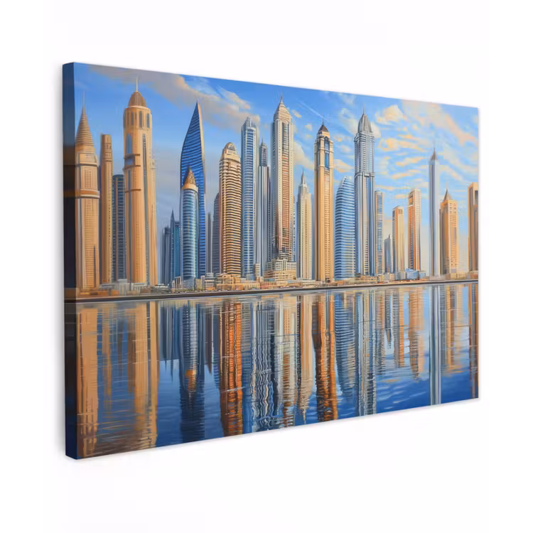 Skyline - Wolkenkrabbers - Water - Blauw Tuinposter op houten frame 2 cm dik klein -3d