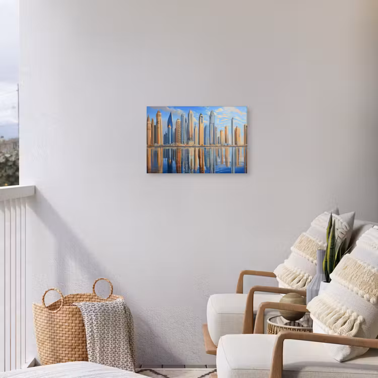 Skyline - Wolkenkrabbers - Water - Blauw Tuinposter op houten frame 2 cm dik klein -sfeer1