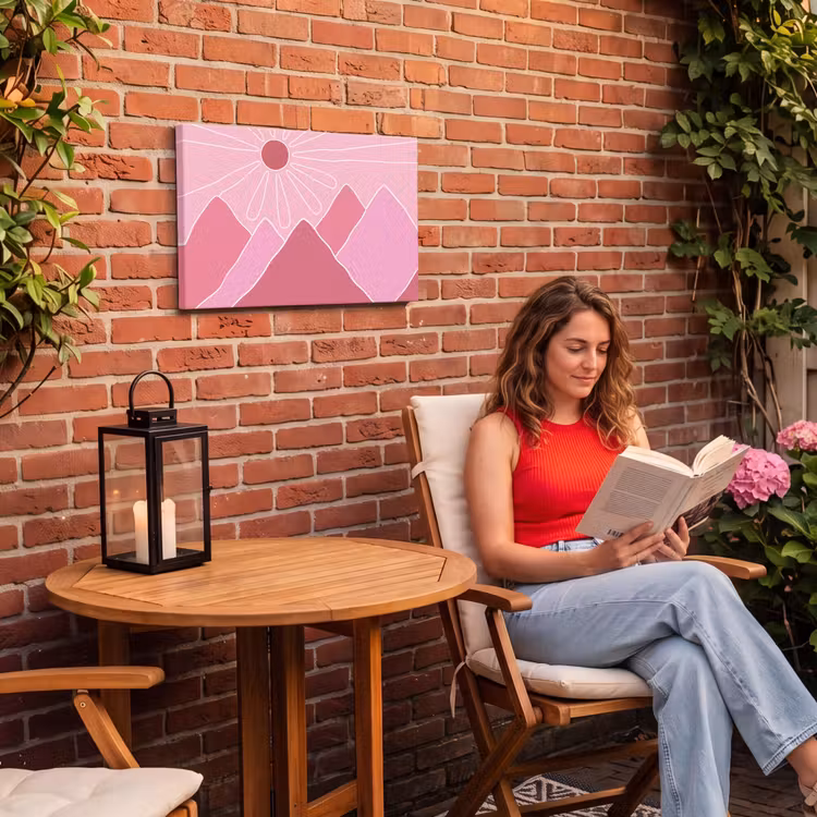 Zon - Bergen - Natuur - Abstract - Roze Tuinposter op houten frame 2 cm dik klein -sfeer3