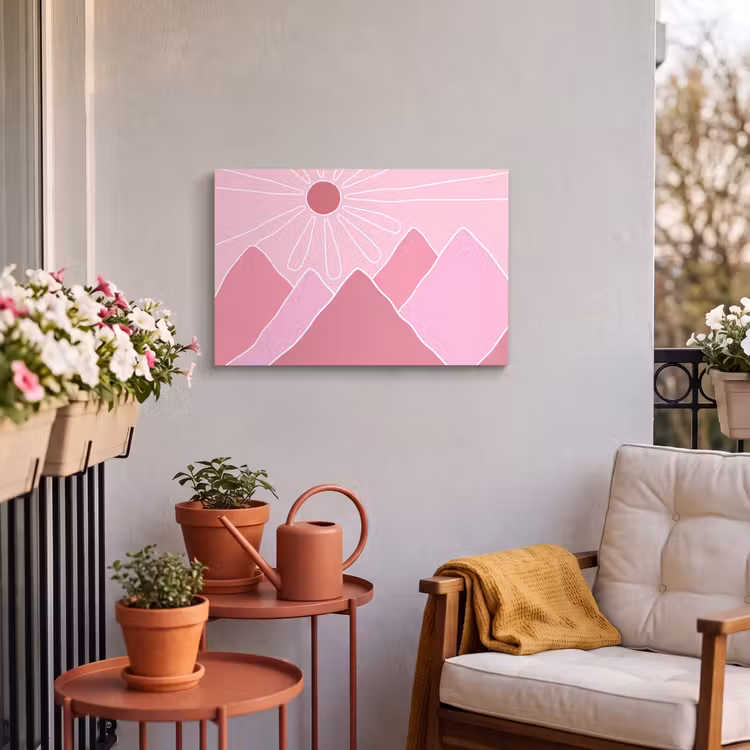 Zon - Bergen - Natuur - Abstract - Roze Tuinposter op houten frame 2 cm dik klein -sfeer1