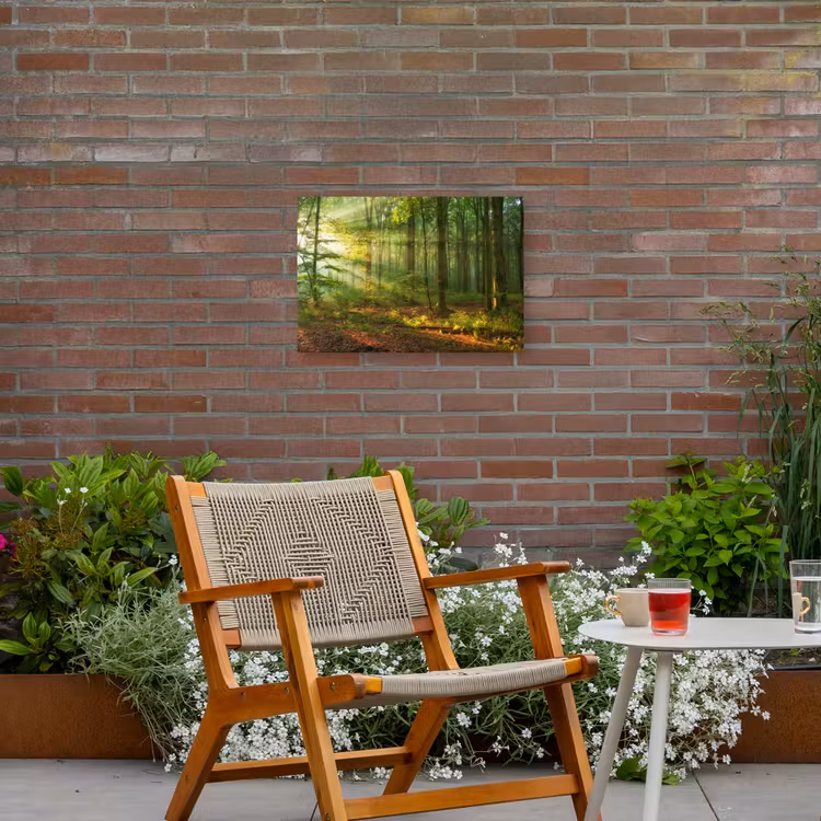Zon - Bos - Bomen - Natuur - Herfst Tuinposter op houten frame 2 cm dik klein -sfeer3
