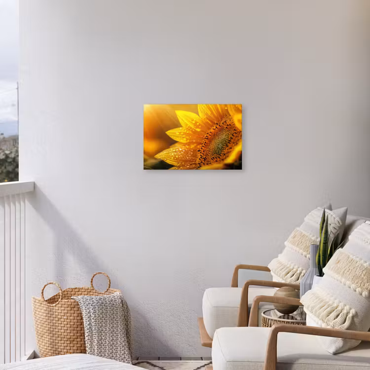 Zonnebloem - Dauwdruppels - Geel - Zonlicht Tuinposter op houten frame 2 cm dik klein -sfeer1