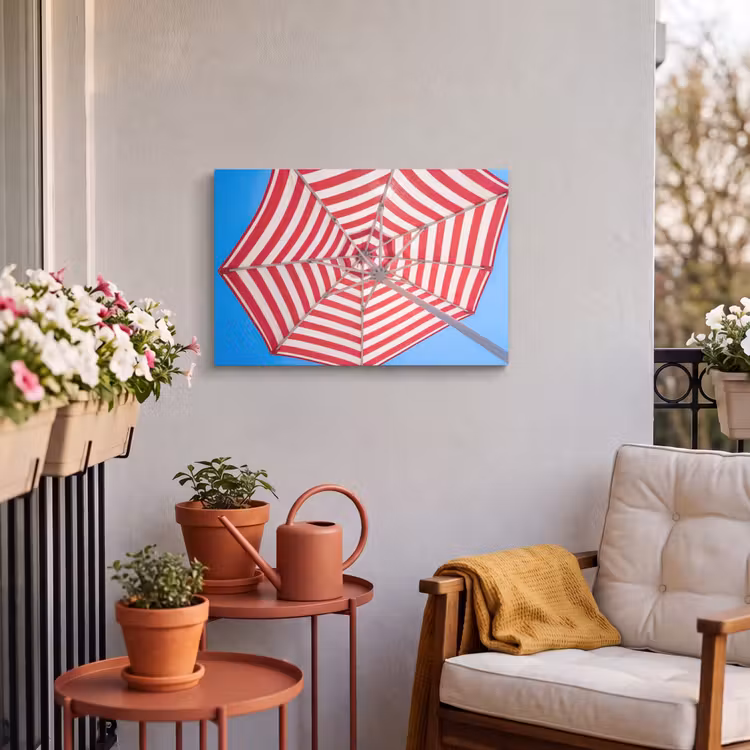 Parasol - Strepen - Zomer - Rood - Blauw Tuinposter op houten frame 2 cm dik klein -sfeer1