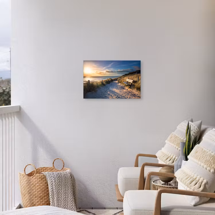Zonsondergang - Strand - Duin - Gras - Bank Tuinposter op houten frame 2 cm dik klein -sfeer1