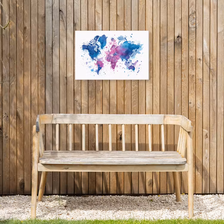 Spatten - Wereldkaart - Blauwtinten Tuinposter op houten frame 2 cm dik klein -sfeer4