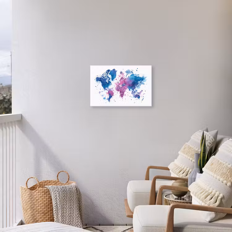 Spatten - Wereldkaart - Blauwtinten Tuinposter op houten frame 2 cm dik klein -sfeer1