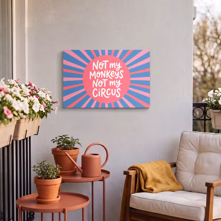 Spreuk - Grafisch - Abstract - Roze - Blauw Tuinposter op houten frame 2 cm dik klein -sfeer1