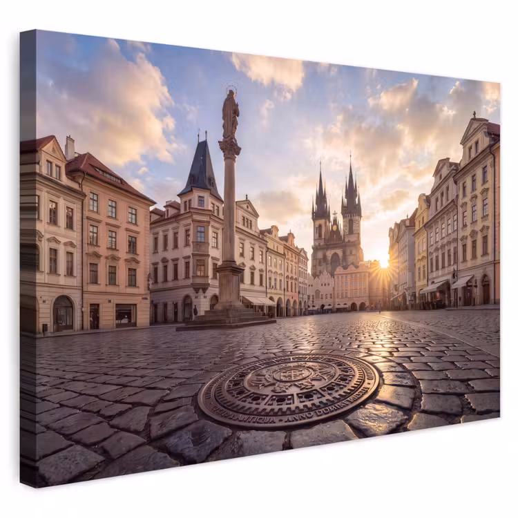 Stad - Praag - Ochtend - Architectuur - Goud Tuinposter op houten frame 2 cm dik klein -3d
