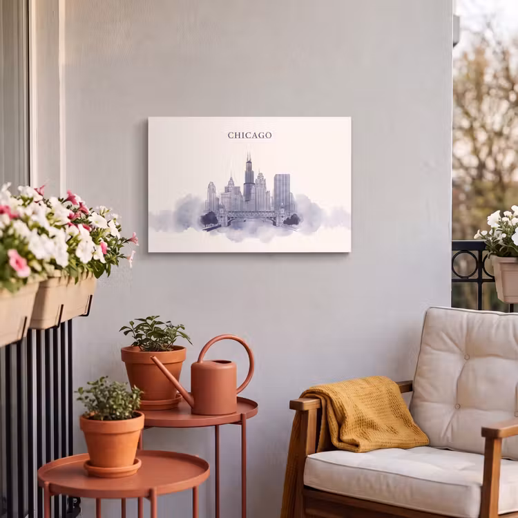 Stad - Skyline - Architectuur - Lijntekening - Blauw Tuinposter op houten frame 2 cm dik klein -sfeer1