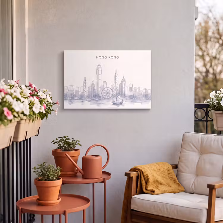 Stad - Skyline - Water - Lijntekening - Blauw Tuinposter op houten frame 2 cm dik klein -sfeer1