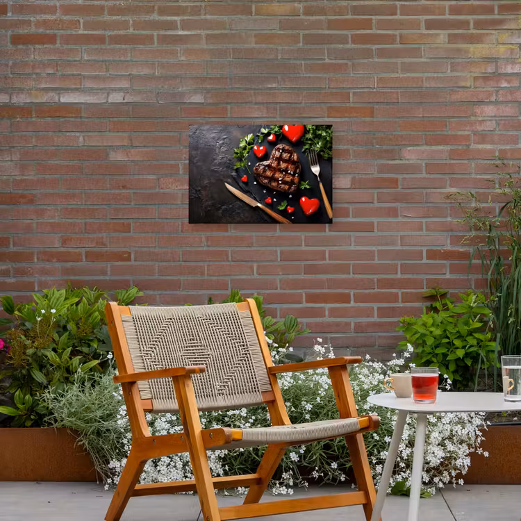Steak - Hart - Bestek Tuinposter op houten frame 2 cm dik klein -sfeer3