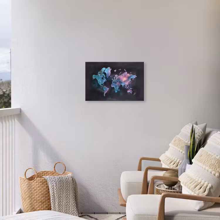 Sterren - Wereldkaart - Blauw Tuinposter op houten frame 2 cm dik klein -sfeer1