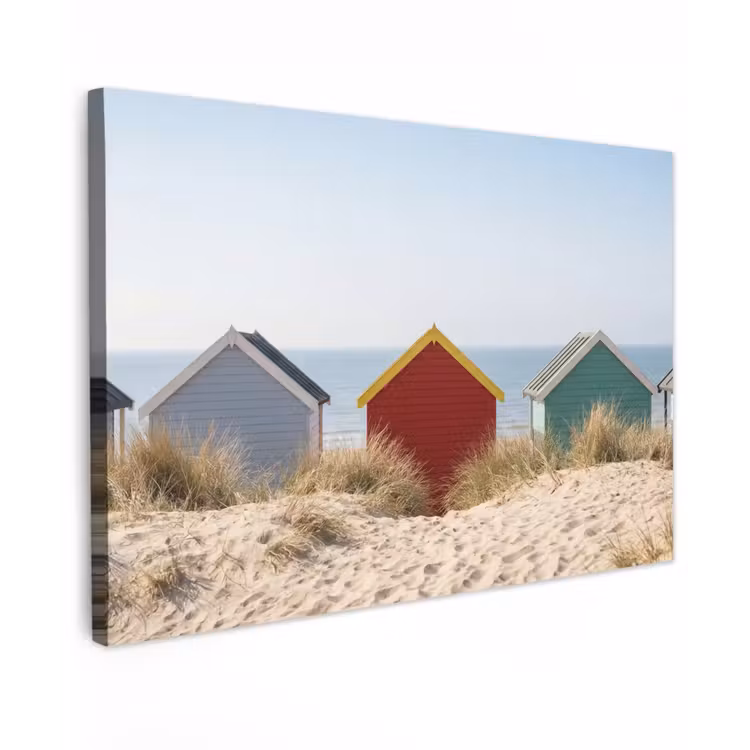 Strand - Huisjes - Kleurrijk - Duinen Tuinposter op houten frame 2 cm dik klein -3d