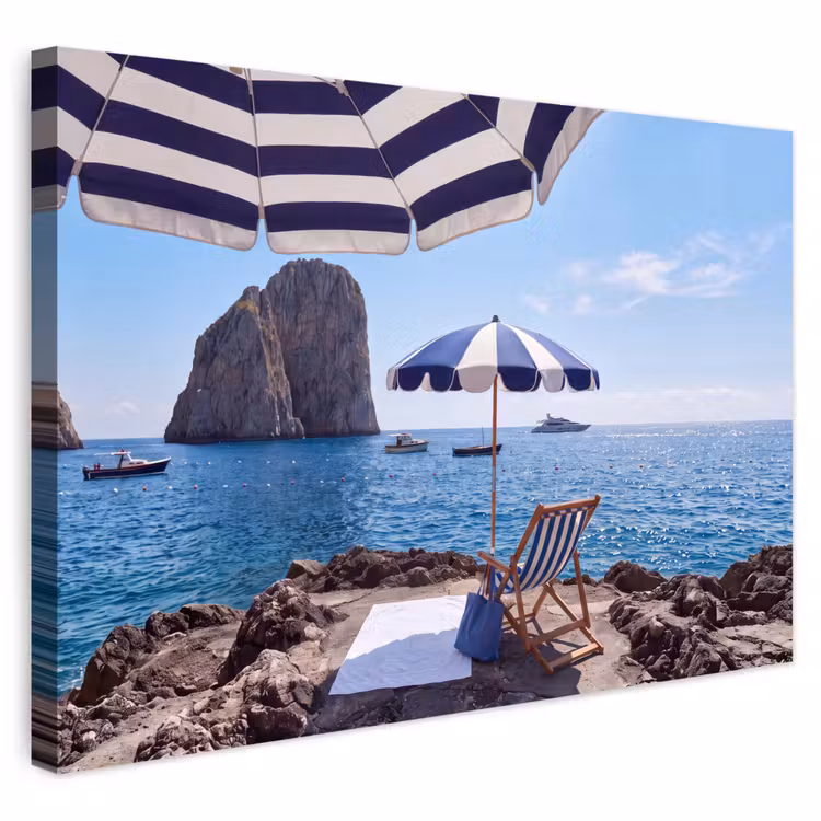Strand - Ligstoel - Parasol - Zomer - Blauw Tuinposter op houten frame 2 cm dik klein -3d