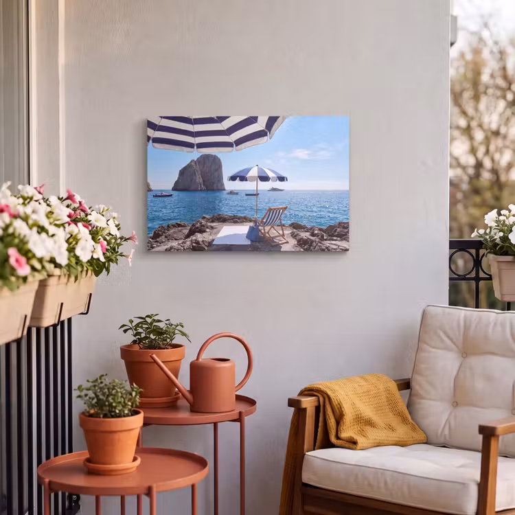 Strand - Ligstoel - Parasol - Zomer - Blauw Tuinposter op houten frame 2 cm dik klein -sfeer1