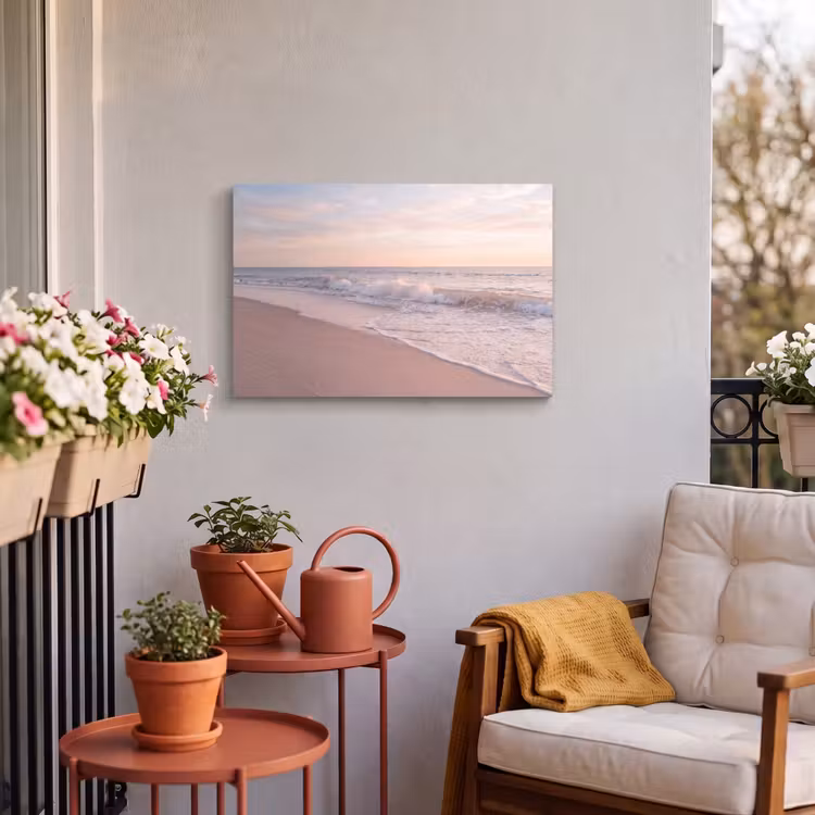 Strand - Zee - Golven - Natuur - Zonsondergang Tuinposter op houten frame 2 cm dik klein -sfeer1