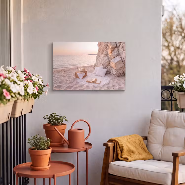 Strand - Picknick - Zonsondergang - Zomer - Natuur Tuinposter op houten frame 2 cm dik klein -sfeer1