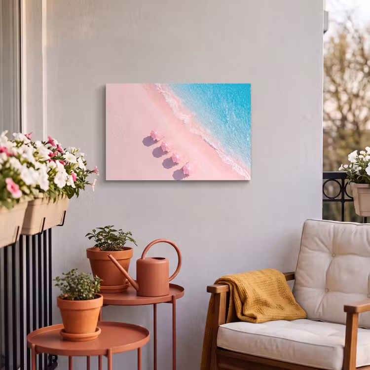 Strand - Roze zand - Zee - Zomer - Natuur Tuinposter op houten frame 2 cm dik klein -sfeer1