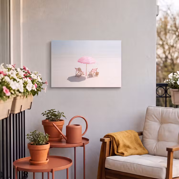 Strand - Parasol - Ligstoel - Zomer - Roze Tuinposter op houten frame 2 cm dik klein -sfeer1