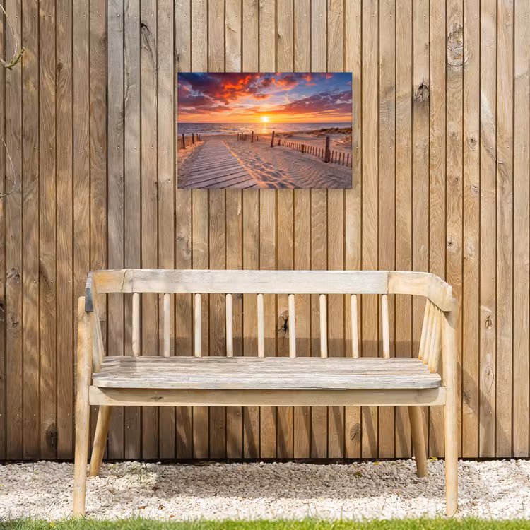 Strand - Zonsondergang - Zee - Natuur - Oranje Tuinposter op houten frame 2 cm dik klein -sfeer4