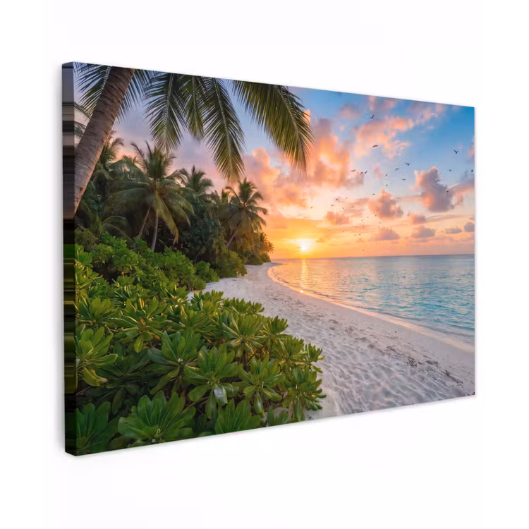 Strand - Zonsondergang - Palmbomen - Tropisch - Natuur Tuinposter op houten frame 2 cm dik klein -3d