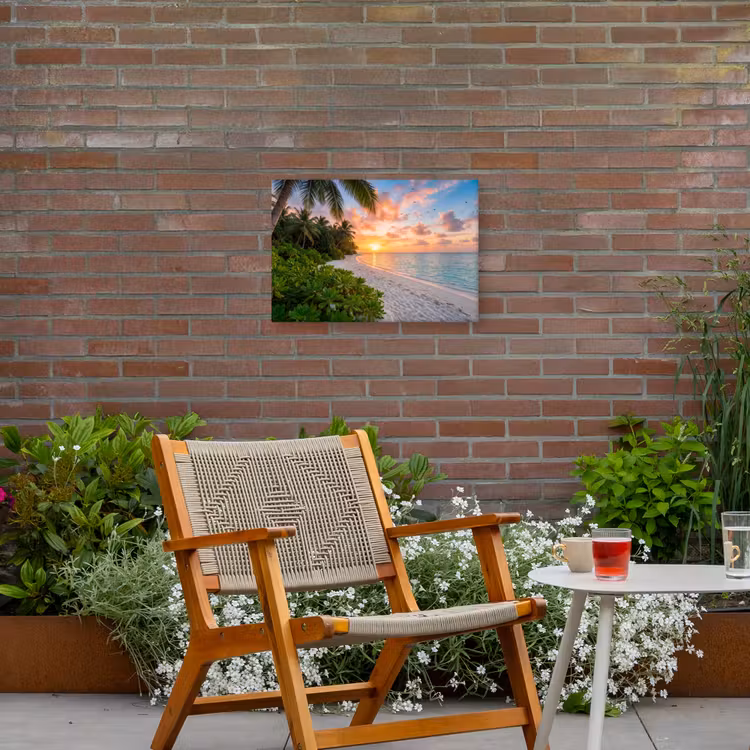Strand - Zonsondergang - Palmbomen - Tropisch - Natuur Tuinposter op houten frame 2 cm dik klein -sfeer3