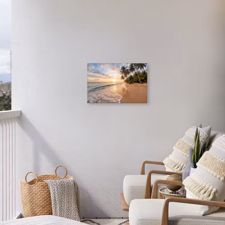 Strand - Zonsondergang - Tropisch - Natuur - Goud Tuinposter op houten frame 2 cm dik klein -sfeer1