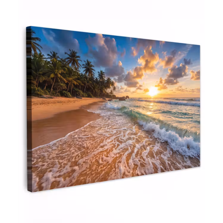 Strand - Zonsondergang - Golven - Natuur - Goud Tuinposter op houten frame 2 cm dik klein -3d