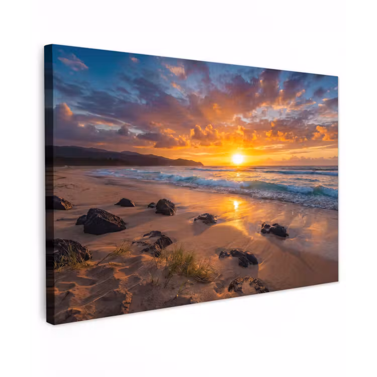 Strand - Zonsondergang - Golven - Natuur - Oranje Tuinposter op houten frame 2 cm dik klein -3d