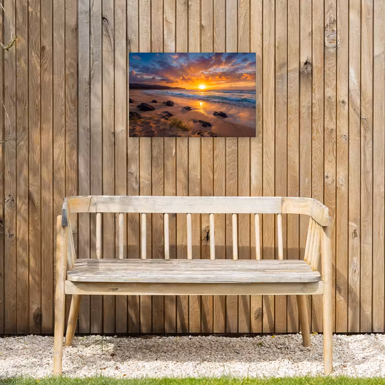Strand - Zonsondergang - Golven - Natuur - Oranje Tuinposter op houten frame 2 cm dik klein -sfeer4