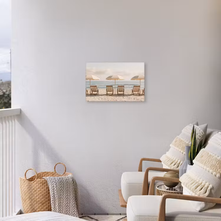 Strand - Stoelen - Parasol Tuinposter op houten frame 2 cm dik klein -sfeer1