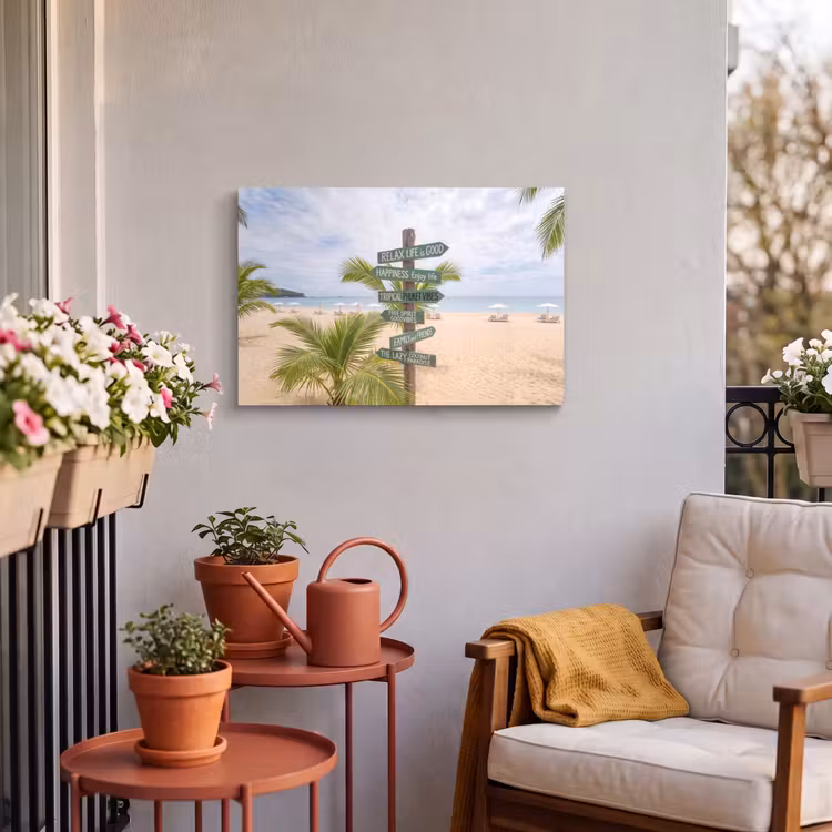 Strand - Wegwijzer - Palmen - Tropisch - Groen Tuinposter op houten frame 2 cm dik klein -sfeer1