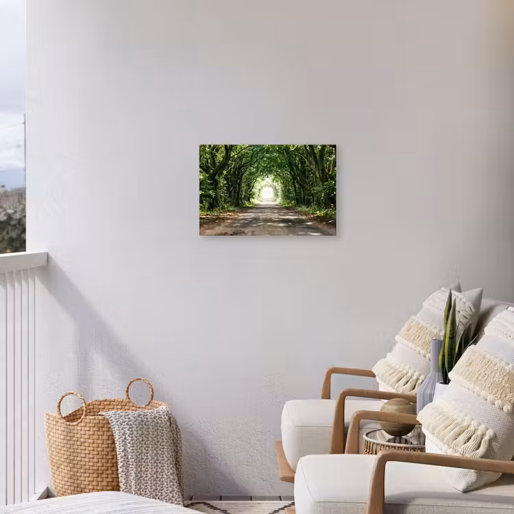 Weg - Bomen - Natuur - Groen Tuinposter op houten frame 2 cm dik klein -sfeer1