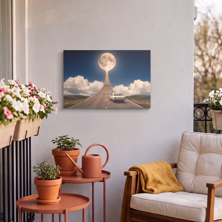 Outdoor Leinwand - Straße – Mond – Nacht - Weg - Maan - Nacht Tuinposter op houten frame 2 cm dik klein