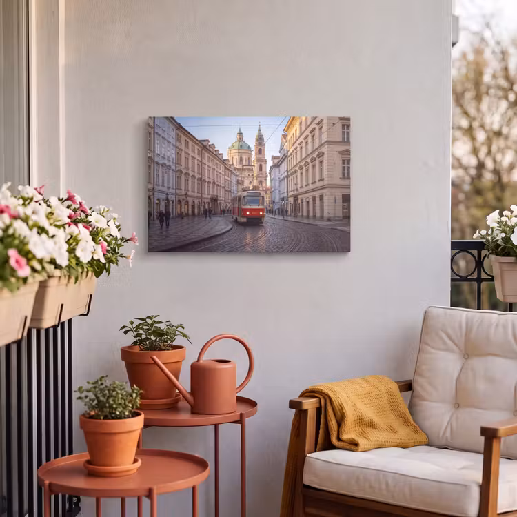Tram - Straat - Stadsgezicht - Klassiek - Rood Tuinposter op houten frame 2 cm dik klein -sfeer1