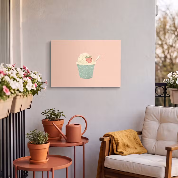 Bakje - Ijs - Aardbei - Roze Tuinposter op houten frame 2 cm dik klein -sfeer1